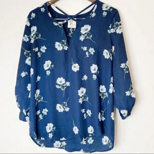 ANTHROPOLOGIE Blouse Long Sleeve Blue Floral Slight Sheer Haute Project